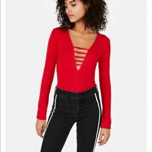Express Long Sleeve Red Strappy Bodysuit